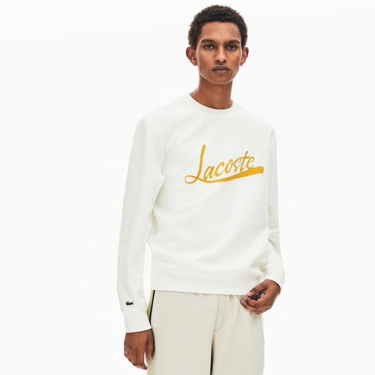 Lacoste Signature Print Crew Neck Sweatshirt Hvite | hOEdu7n9