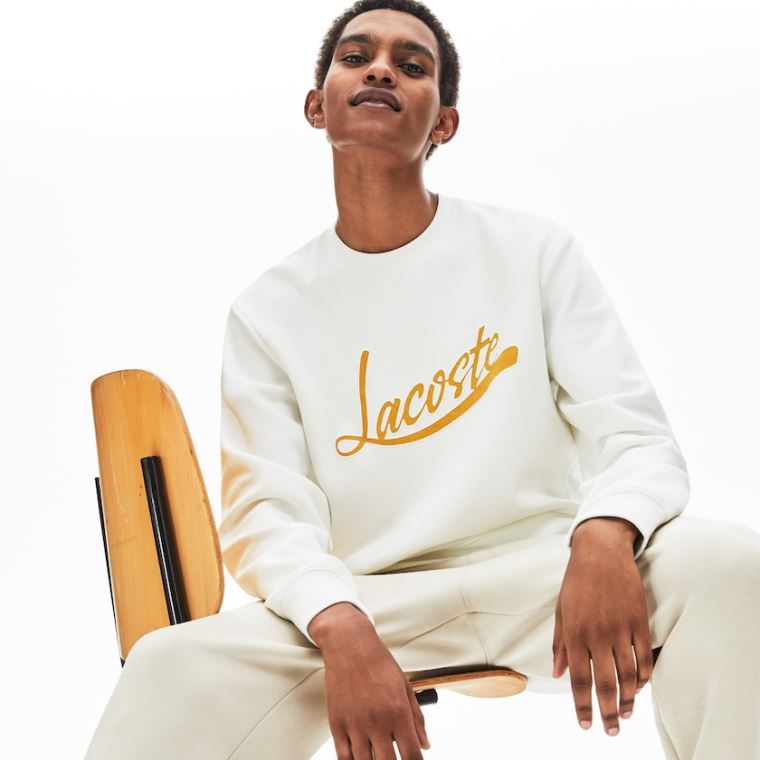 Lacoste Signature Print Crew Neck Sweatshirt Hvite | hOEdu7n9