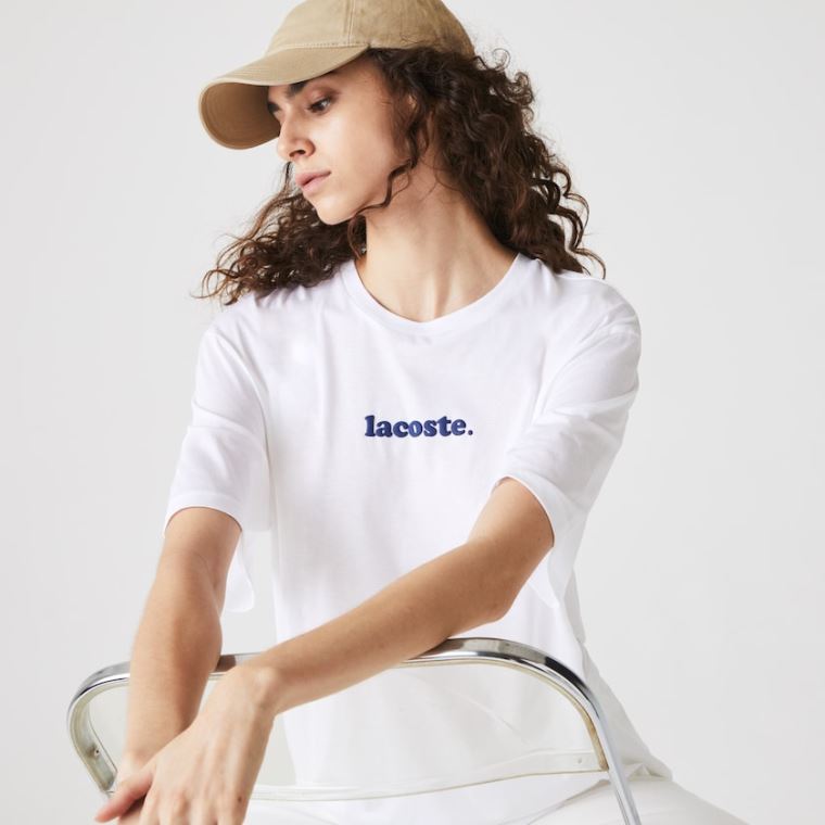 Lacoste Signature Printed Crew Neck Bomull T-shirt Hvite Marineblå Blå | qdFBTUBN