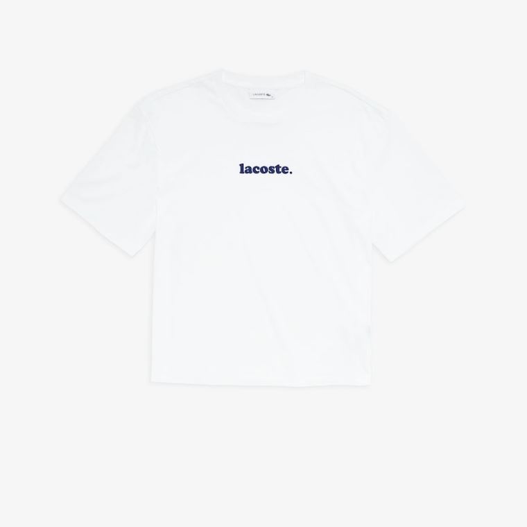 Lacoste Signature Printed Crew Neck Bomull T-shirt Hvite Marineblå Blå | qdFBTUBN