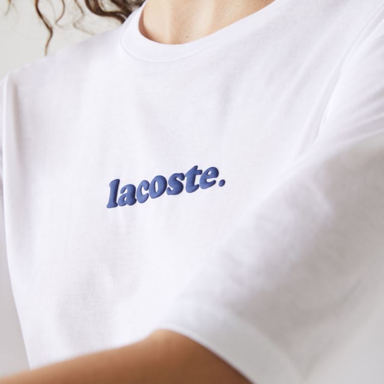 Lacoste Signature Printed Crew Neck Bomull T-shirt Hvite Marineblå Blå | qdFBTUBN