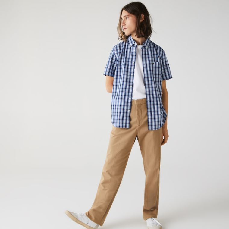 Lacoste Slim Fit Checked Poplin Shirt Blå Hvite Blå | ImgPaTNv