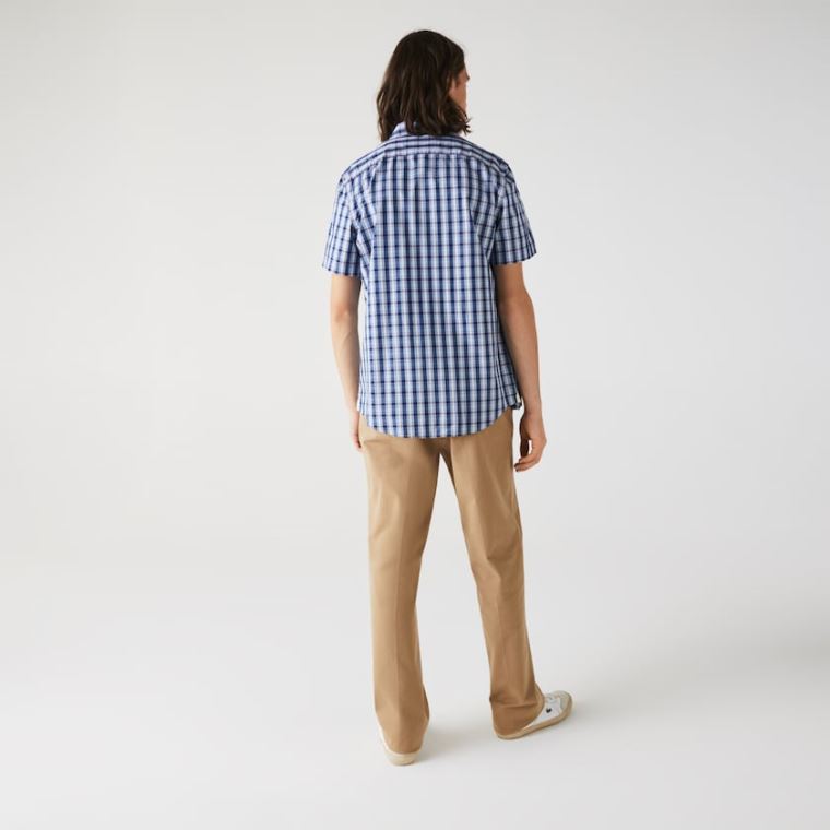 Lacoste Slim Fit Checked Poplin Shirt Blå Hvite Blå | ImgPaTNv