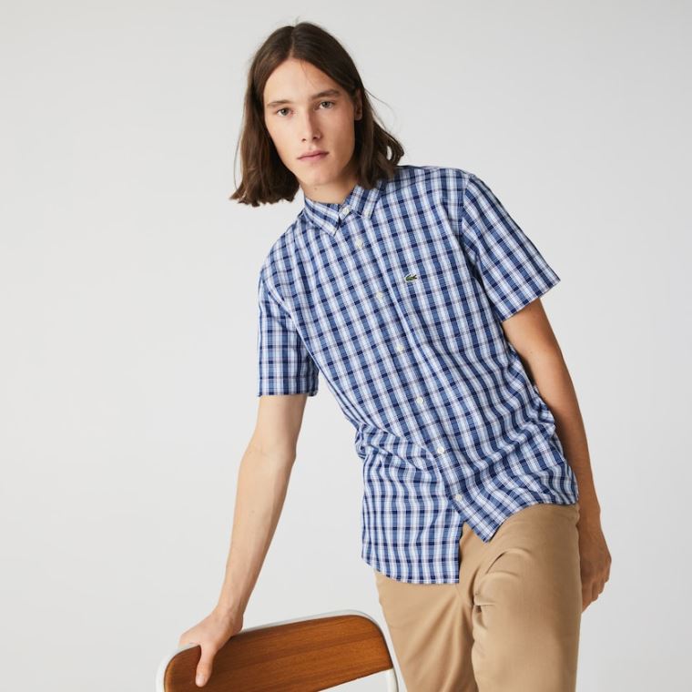 Lacoste Slim Fit Checked Poplin Shirt Blå Hvite Blå | ImgPaTNv