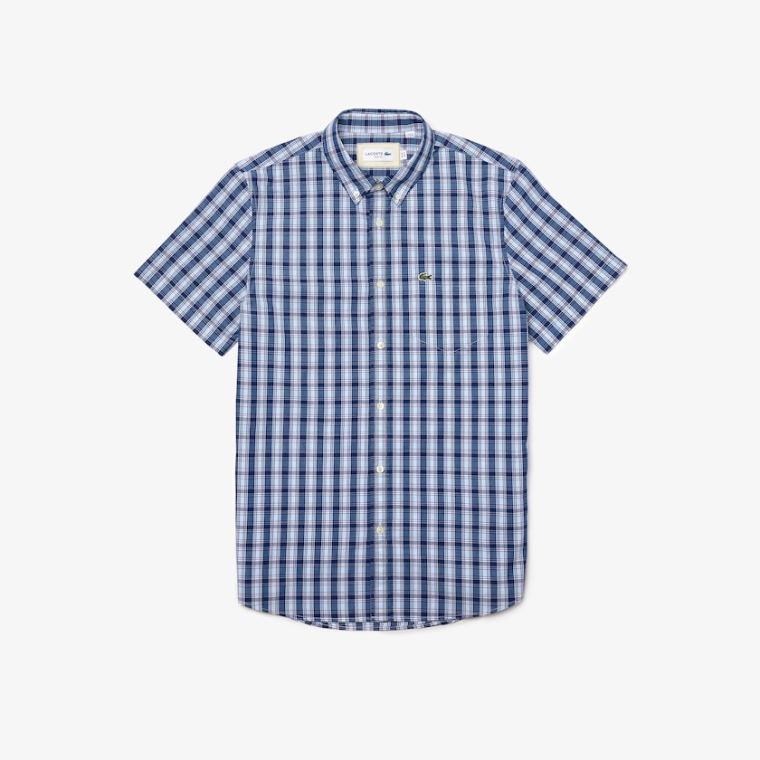 Lacoste Slim Fit Checked Poplin Shirt Blå Hvite Blå | ImgPaTNv