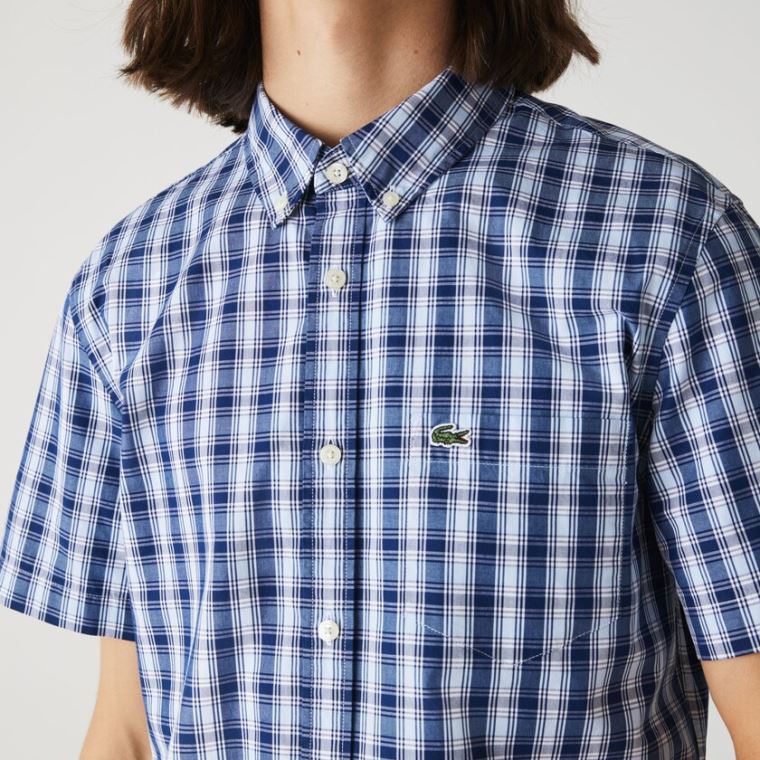 Lacoste Slim Fit Checked Poplin Shirt Blå Hvite Blå | ImgPaTNv