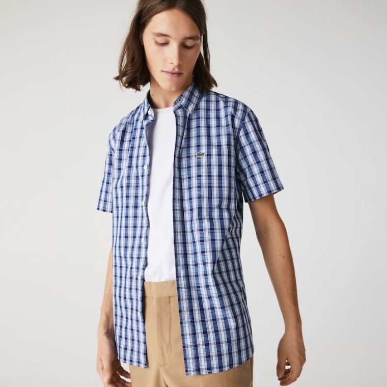 Lacoste Slim Fit Checked Poplin Shirt Blå Hvite Blå | ImgPaTNv