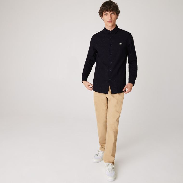 Lacoste Slim Fit Flamed Bomull Shirt Marineblå Blå Hvite | iJW2zyIz