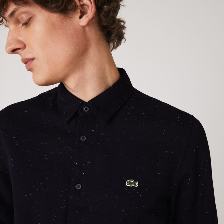 Lacoste Slim Fit Flamed Bomull Shirt Marineblå Blå Hvite | iJW2zyIz