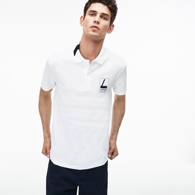 Lacoste Slim Fit Lettering Stretch Mini Piqué Polo Hvite Marineblå Blå | Dm8XiFZs