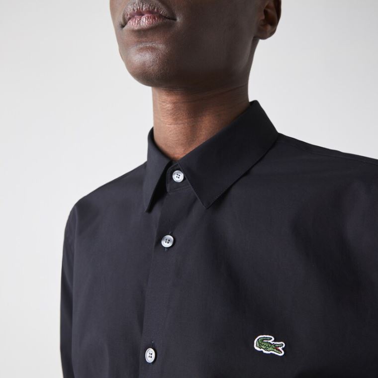 Lacoste Slim Fit Stretch Bomull Poplin Shirt Svarte | 23UfhHD9