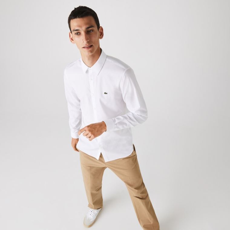 Lacoste Slim Fit Stretch Bomull Poplin Shirt Hvite | Y9gKhECZ