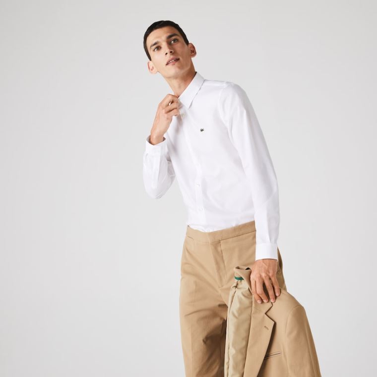 Lacoste Slim Fit Stretch Bomull Poplin Shirt Hvite | Y9gKhECZ