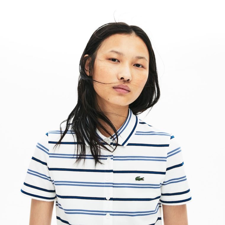 Lacoste Slim Fit Striped Stretch Piqué Polo Shirt Hvite Blå Marineblå Blå | HREqLJGR