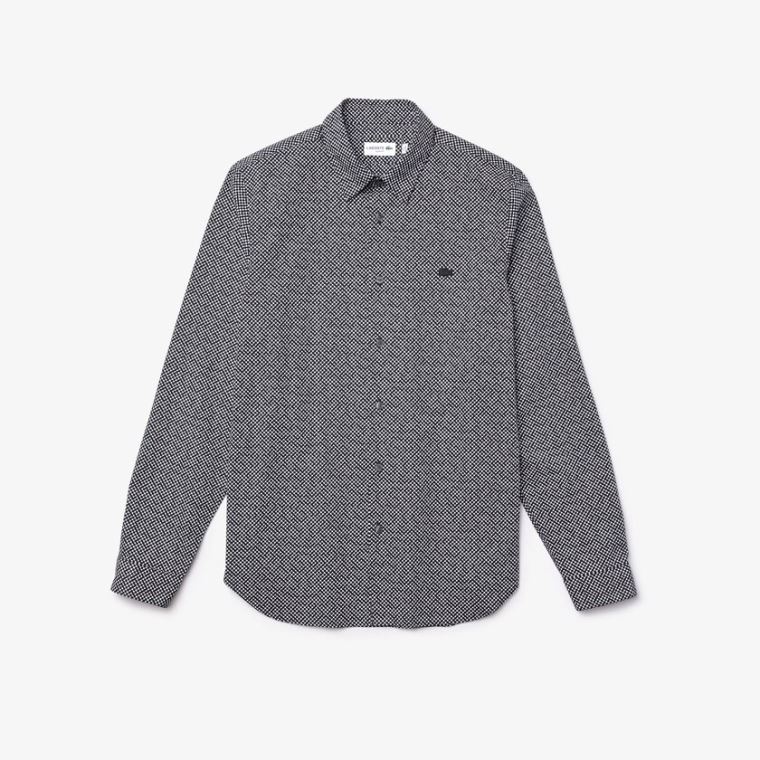 Lacoste Slim Fit Tennis Ball Pattern Bomull Poplin Shirt Hvite Marineblå Blå | e37xZofm