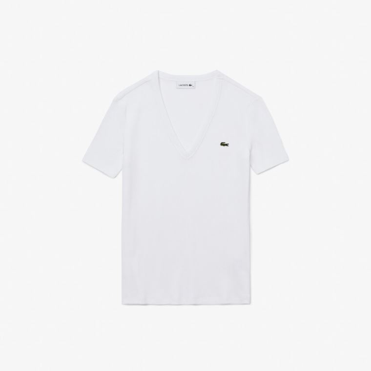 Lacoste Soft Bomull V-Neck T-shirt Hvite | TpJWEx0r