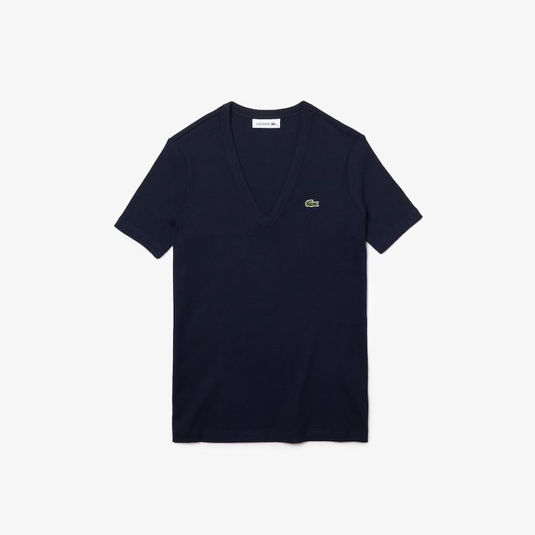 Lacoste Soft Bomull V-Neck T-shirt Marineblå Blå | pKdNIoWe