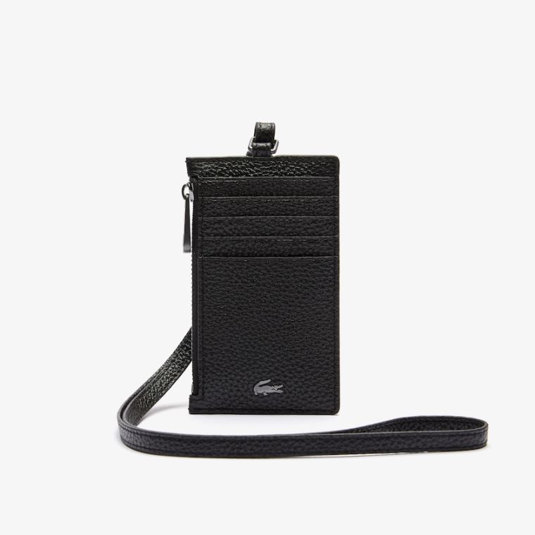 Lacoste Soft Mate Full-Grain Lær Zippered Badge Holder Svarte | F7MY9fmo