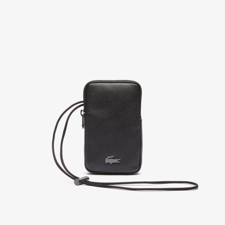 Lacoste Soft Mate Matte Full-Grain Lær Necklace Phone Wallet Svarte | gPwurt8U