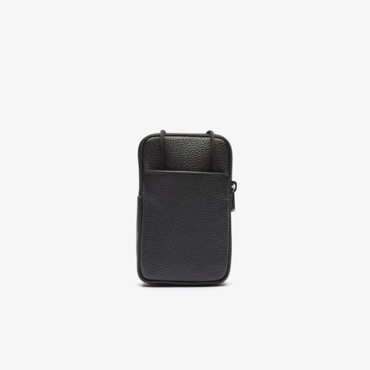 Lacoste Soft Mate Matte Full-Grain Lær Necklace Phone Wallet Svarte | gPwurt8U