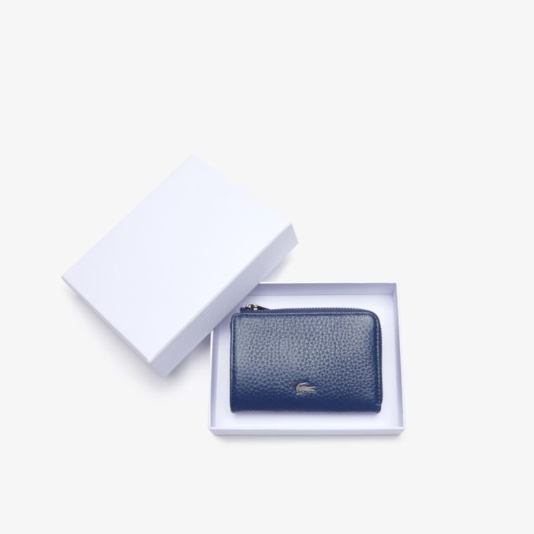 Lacoste Soft Mate Matte Full-Grain Lær Zippered Card Holder Mørke Blå | 7TGBq7Ca