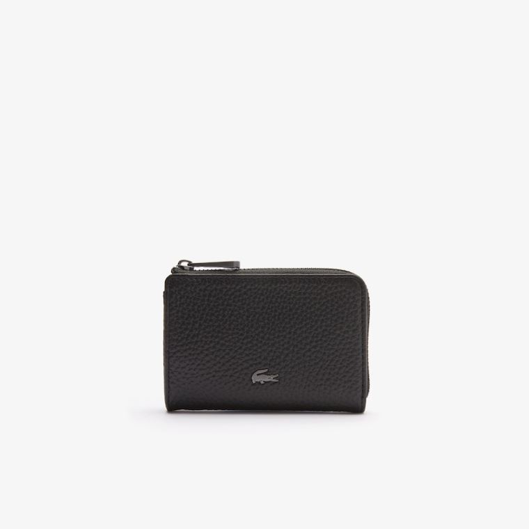 Lacoste Soft Mate Matte Full-Grain Lær Zippered Card Holder Svarte | 8BxfH6Nf