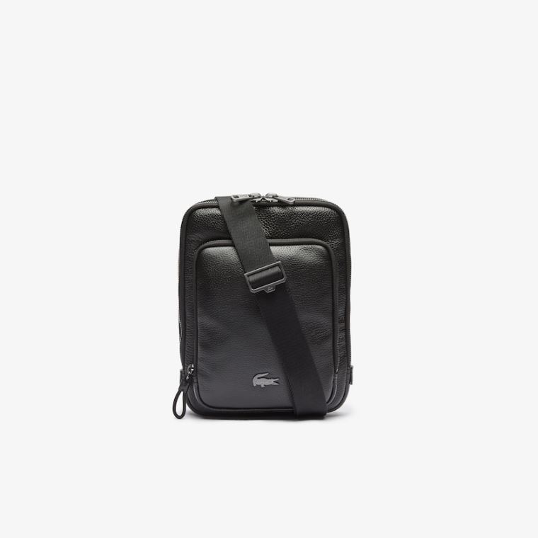 Lacoste Soft Matte Full-Grain Lær Flate Crossbody Bag Svarte | eflxdPpE