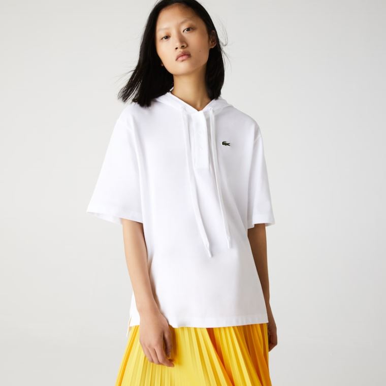 Lacoste Solid Bomull Piqué Hette Polo Shirt Hvite | cArOThBC