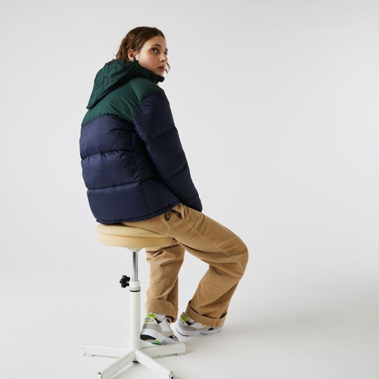 Lacoste Stand-Up Collar Concealed Hood Colourblock Kort Jacket Marineblå Blå Grønn | cyuUGYzb