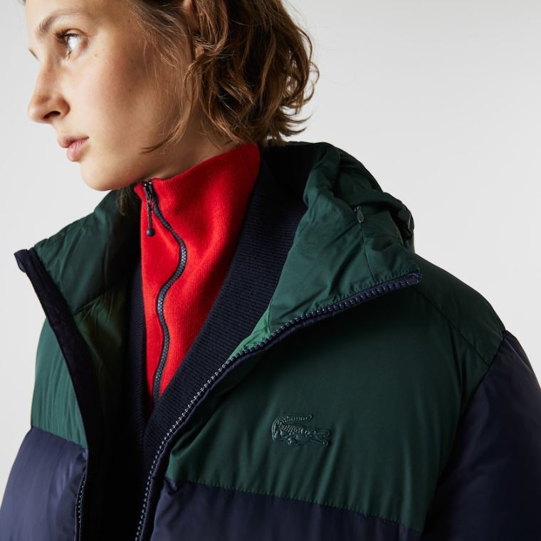 Lacoste Stand-Up Collar Concealed Hood Colourblock Kort Jacket Marineblå Blå Grønn | cyuUGYzb