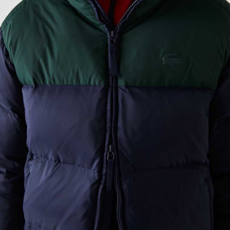 Lacoste Stand-Up Collar Concealed Hood Colourblock Kort Jacket Marineblå Blå Grønn | cyuUGYzb