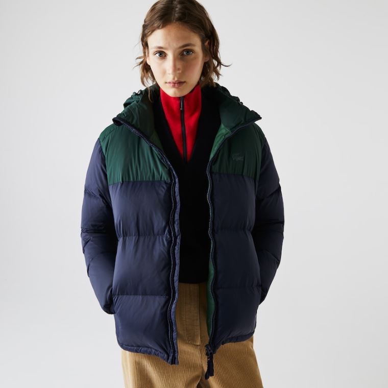 Lacoste Stand-Up Collar Concealed Hood Colourblock Kort Jacket Marineblå Blå Grønn | cyuUGYzb