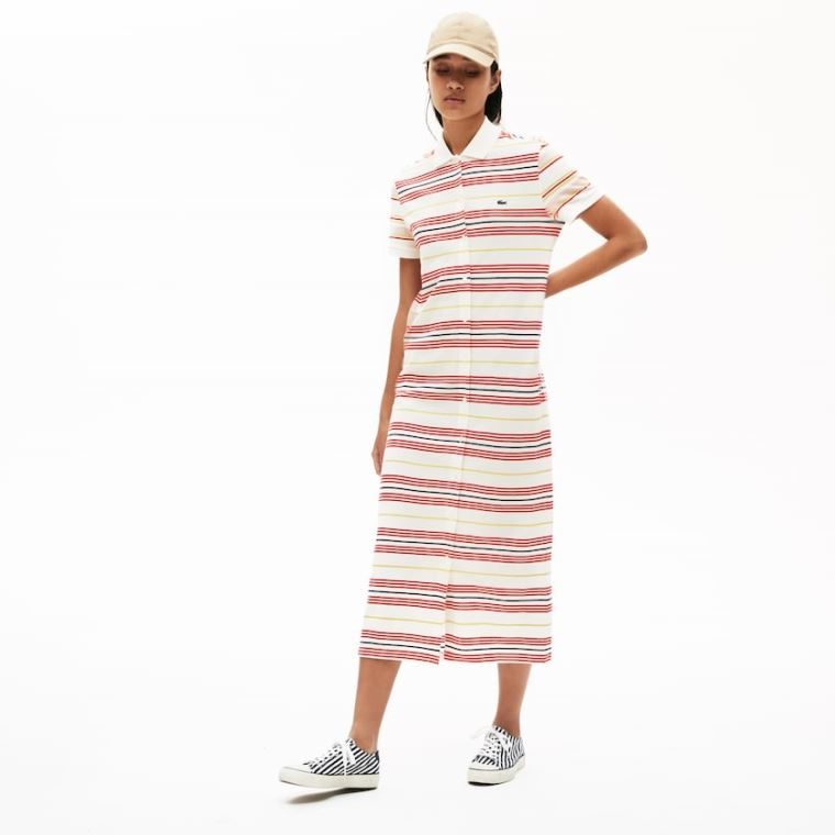 Lacoste Striped Bomull Buttoned Polo Kjoler Hvite Rød Gul Marineblå Blå Lyse Rosa | F2W3YsNh