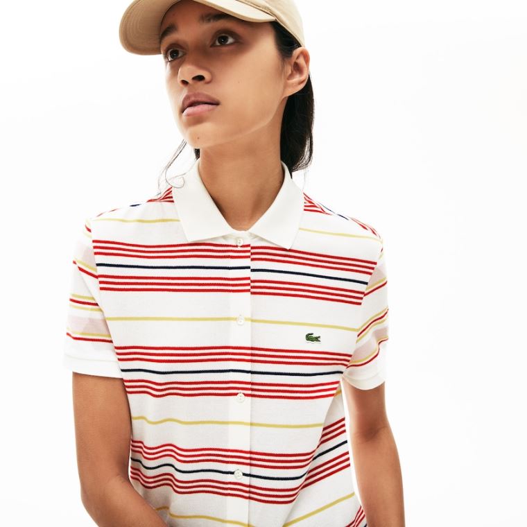 Lacoste Striped Bomull Buttoned Polo Kjoler Hvite Rød Gul Marineblå Blå Lyse Rosa | F2W3YsNh