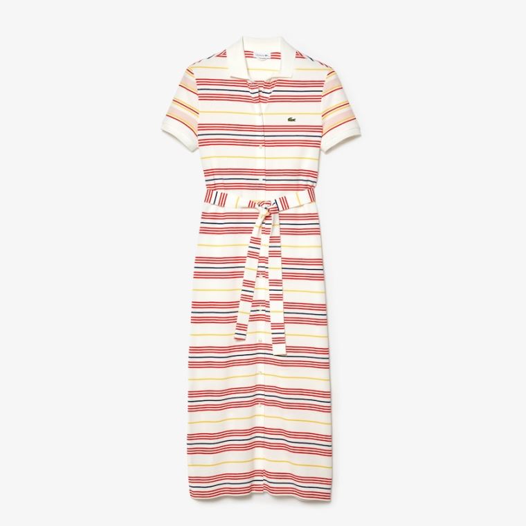 Lacoste Striped Bomull Buttoned Polo Kjoler Hvite Rød Gul Marineblå Blå Lyse Rosa | F2W3YsNh