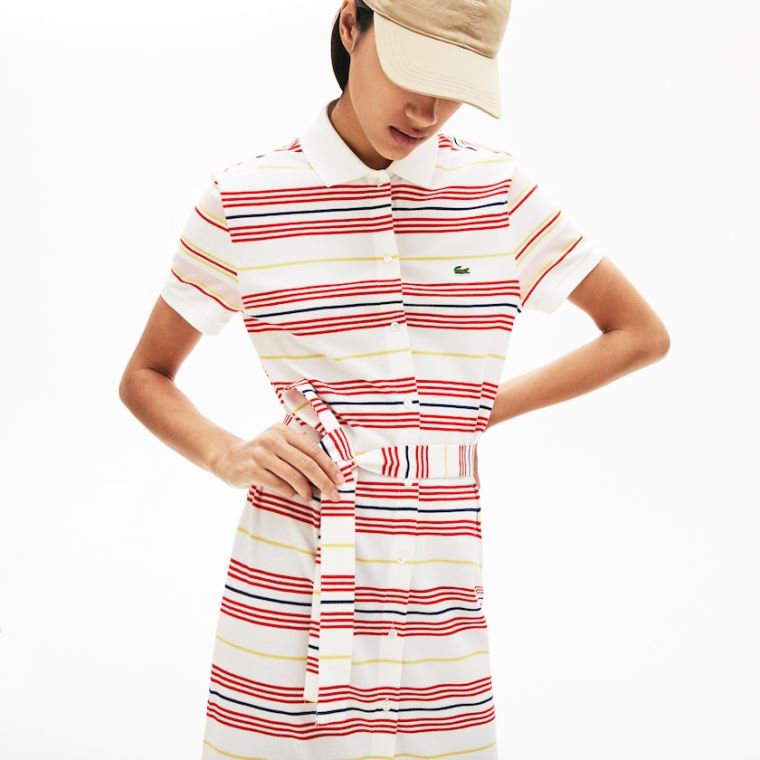 Lacoste Striped Bomull Buttoned Polo Kjoler Hvite Rød Gul Marineblå Blå Lyse Rosa | F2W3YsNh