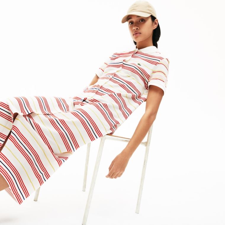 Lacoste Striped Bomull Buttoned Polo Kjoler Hvite Rød Gul Marineblå Blå Lyse Rosa | F2W3YsNh