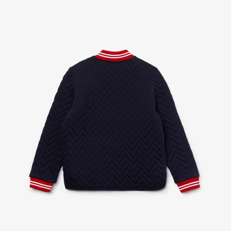 Lacoste Striped Detail Zippered Quilted Bomull Teddy Jacket Marineblå Blå Rød Hvite | SrunkNAU