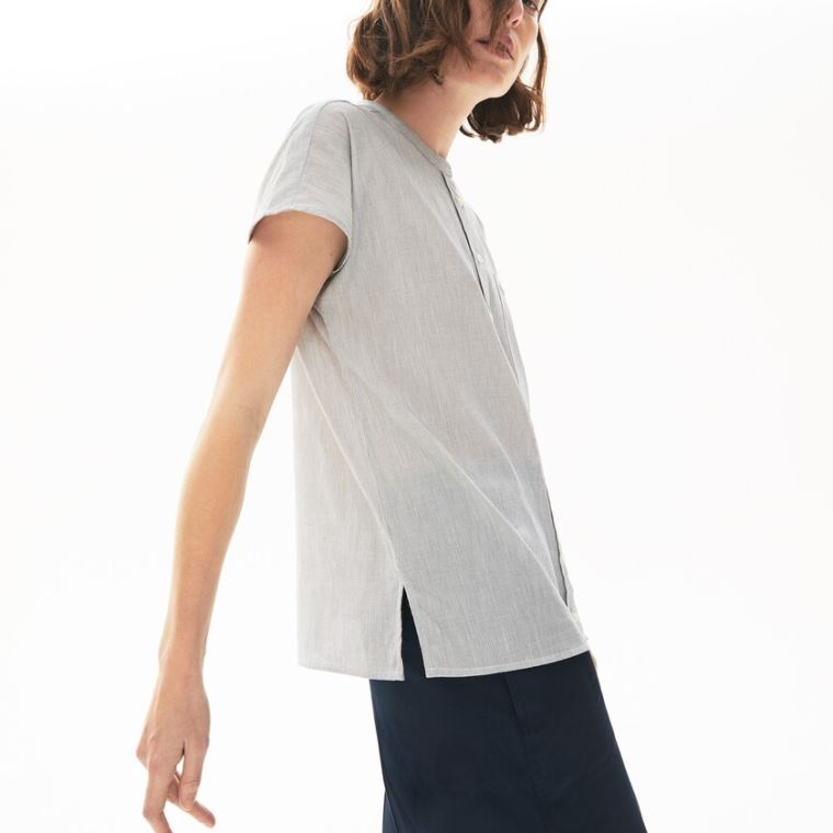 Lacoste Striped Linen And Bomull Blend Shirt Hvite Marineblå Blå | 7h2sCd3I