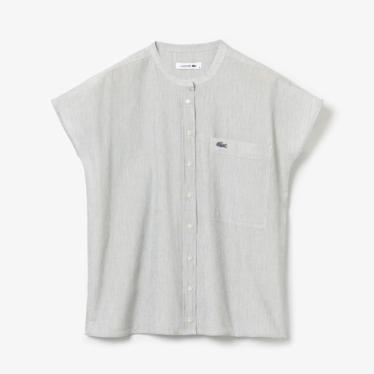 Lacoste Striped Linen And Bomull Blend Shirt Hvite Marineblå Blå | 7h2sCd3I