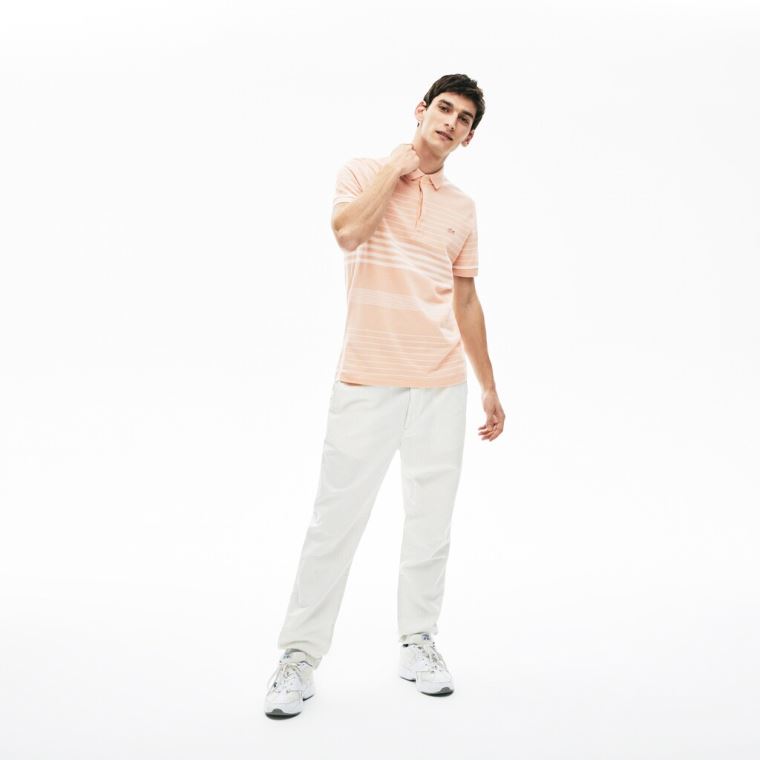 Lacoste Striped Linen And Bomull Regular Fit Polo Shirt Lyse Rosa Hvite | ySkOCnNM