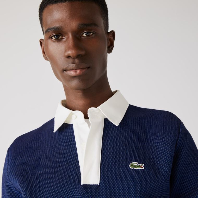 Lacoste Striped Rugby Genser Marineblå Blå Blå Grønn Beige Hvite | XvdxN0MB