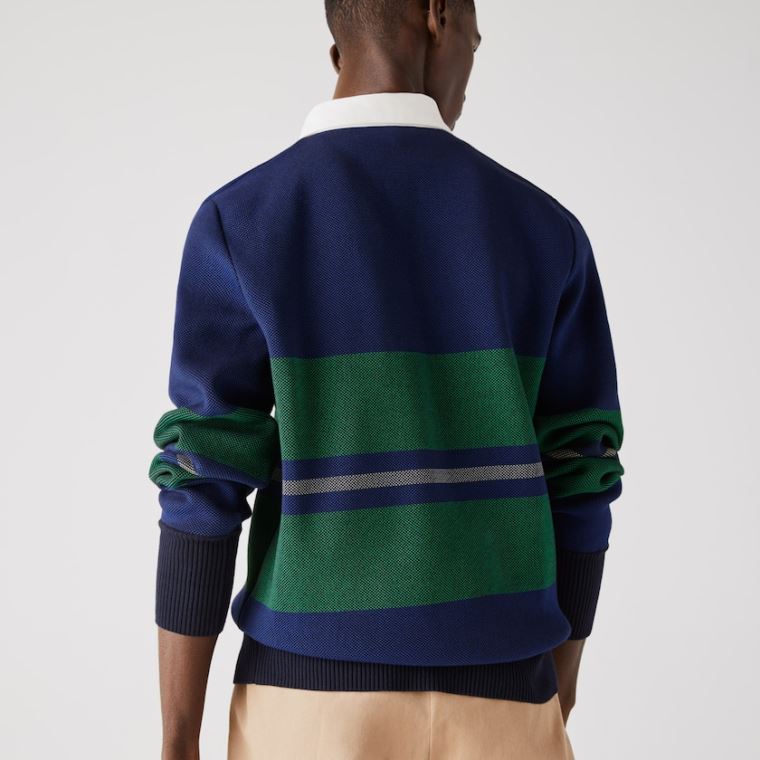 Lacoste Striped Rugby Genser Marineblå Blå Blå Grønn Beige Hvite | XvdxN0MB