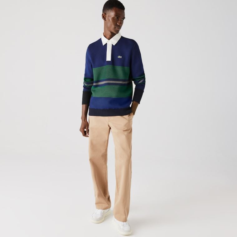 Lacoste Striped Rugby Genser Marineblå Blå Blå Grønn Beige Hvite | XvdxN0MB