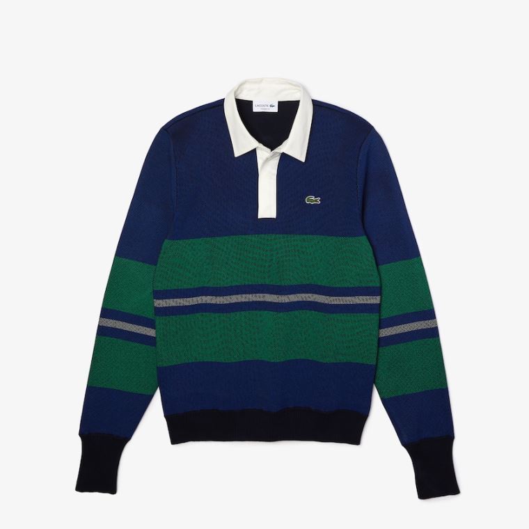 Lacoste Striped Rugby Genser Marineblå Blå Blå Grønn Beige Hvite | XvdxN0MB