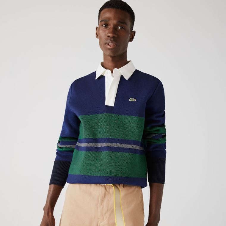 Lacoste Striped Rugby Genser Marineblå Blå Blå Grønn Beige Hvite | XvdxN0MB