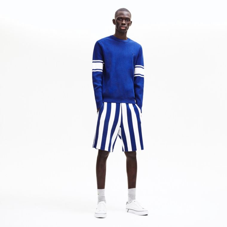 Lacoste Striped Sleeves Bomull And Linen Blend Crew Neck Genser Marineblå Blå Hvite | IWVZzPjR