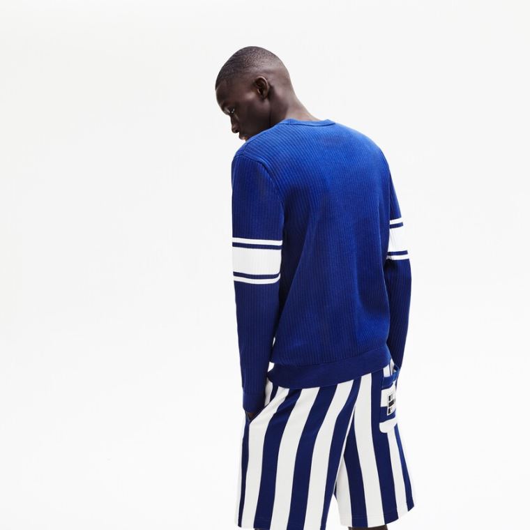 Lacoste Striped Sleeves Bomull And Linen Blend Crew Neck Genser Marineblå Blå Hvite | IWVZzPjR