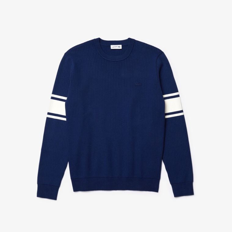 Lacoste Striped Sleeves Bomull And Linen Blend Crew Neck Genser Marineblå Blå Hvite | IWVZzPjR