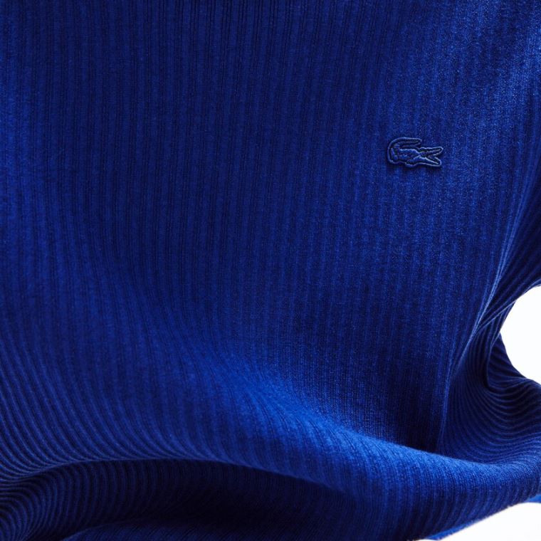 Lacoste Striped Sleeves Bomull And Linen Blend Crew Neck Genser Marineblå Blå Hvite | IWVZzPjR